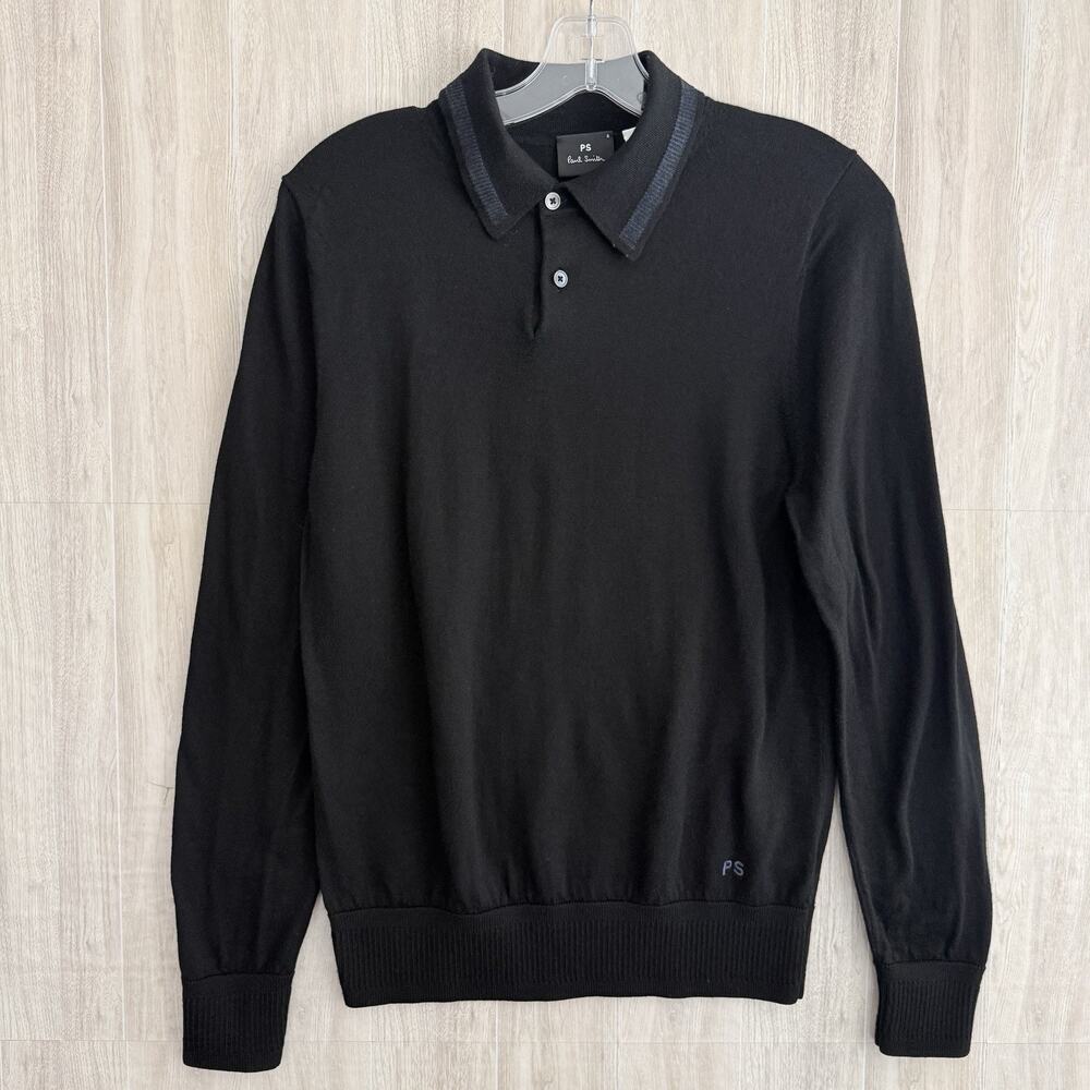PS Paul Smith Polo Sweater Men's Size Small Black Merino Wool Collared Preppy